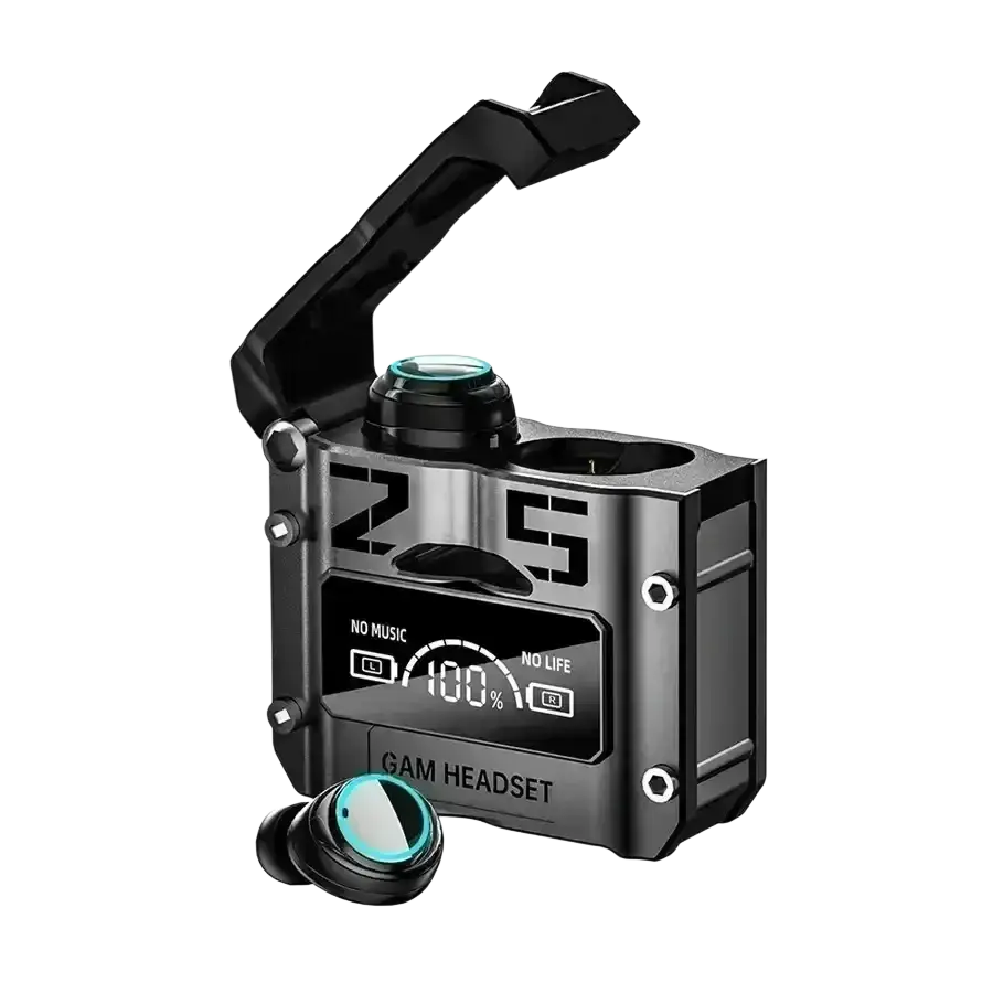 Black and silver wireless earbuds charging case with hatch cover and digital display showing 100 percent battery life