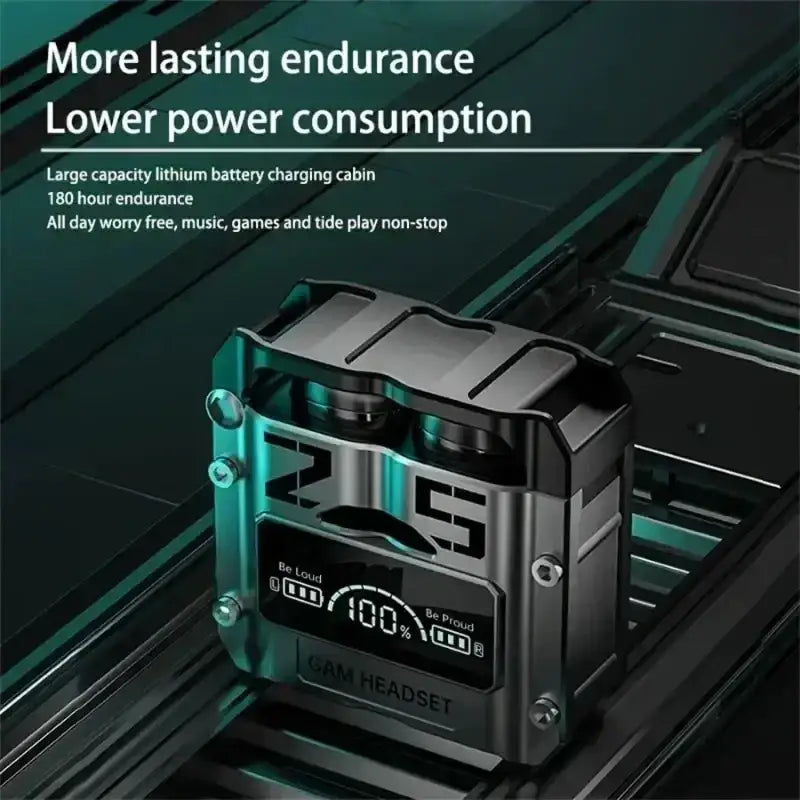 Black and teal metallic charging case with hatch cover for wireless earbuds bluetooth 5.3 with 180-hour endurance