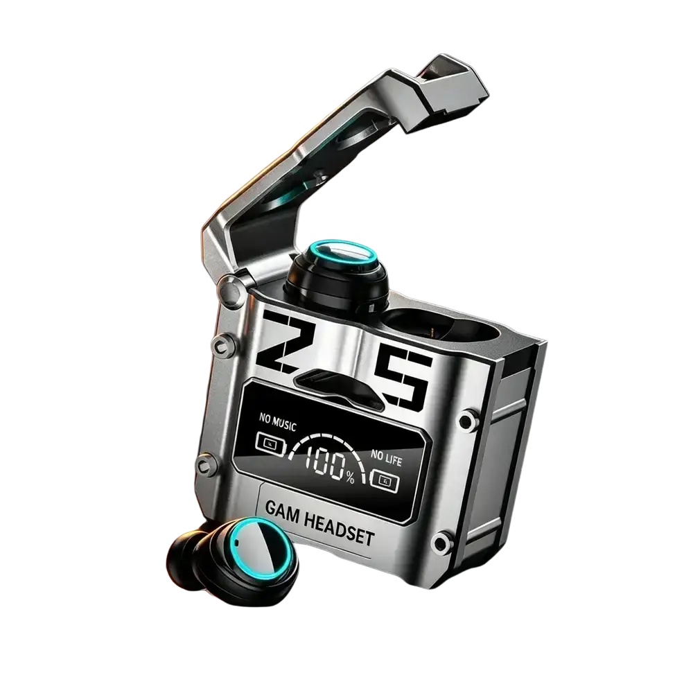 Silver and black wireless earbuds charging case with digital display showing 100% battery and bold 2.5 branding on hatch cover