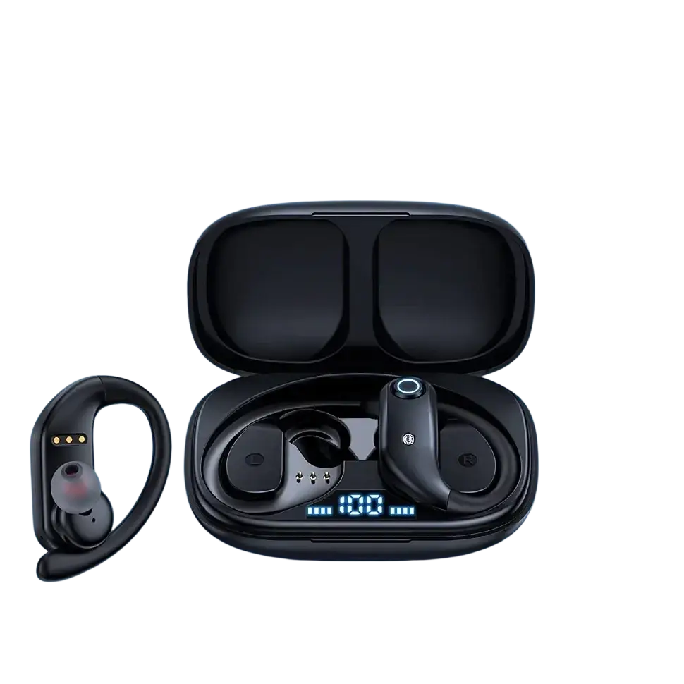Black wireless earbuds with sleek ergonomic design and charging case displaying battery life for wireless charging gli auricolari