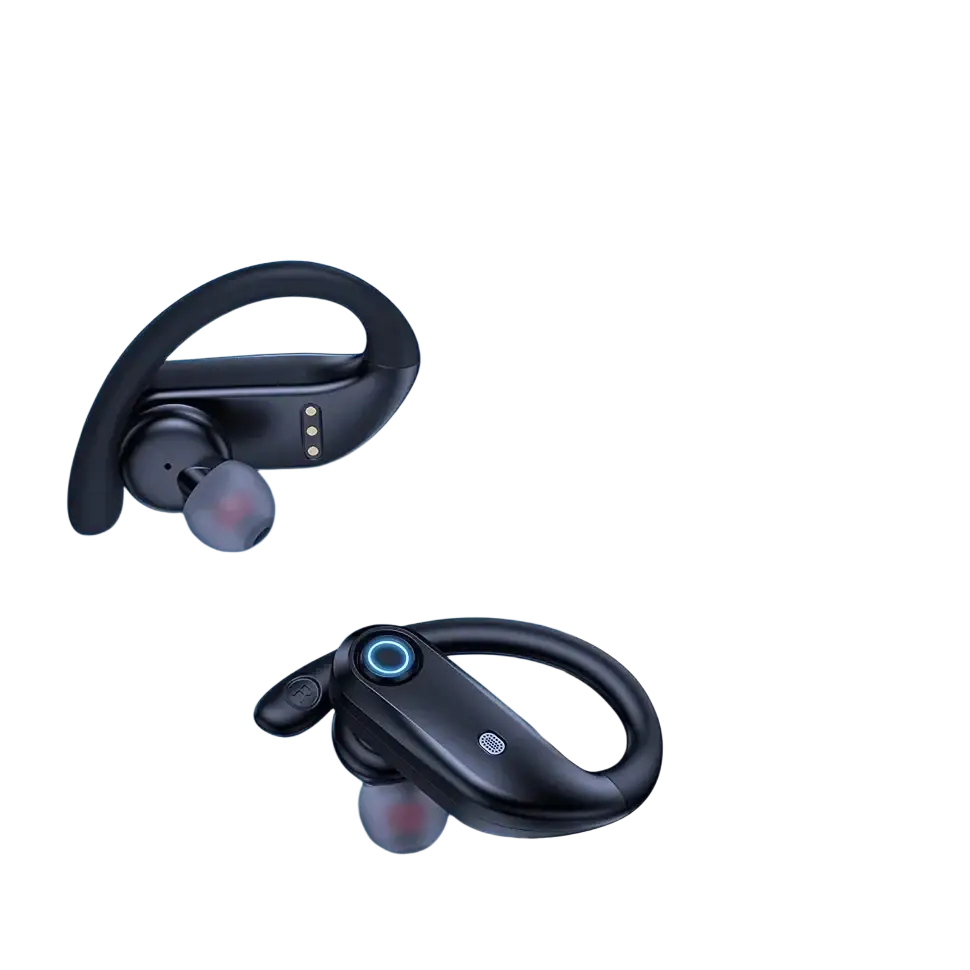 Black wireless earbuds with ergonomic design and soft silicone tips with charging case for wireless charging gli auricolari