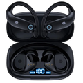Black wireless earbuds with hook-style design and blue led charging indicator in a wireless charging case gli auricolari