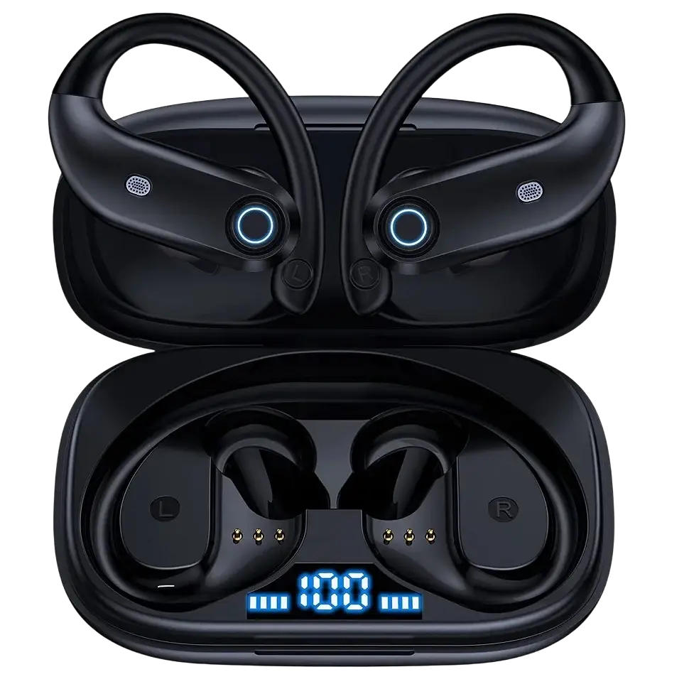 Black wireless earbuds with hook-style design and blue led charging indicator in a wireless charging case gli auricolari