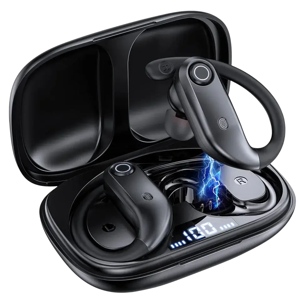 Black wireless earbuds with sleek ergonomic design and charging case featuring digital display for wireless charging gli auricolari