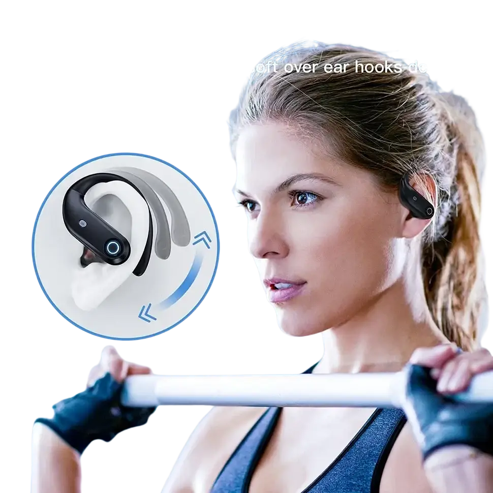 Black wireless earbuds with soft ergonomic over-ear hooks for secure fit during sports with charging case