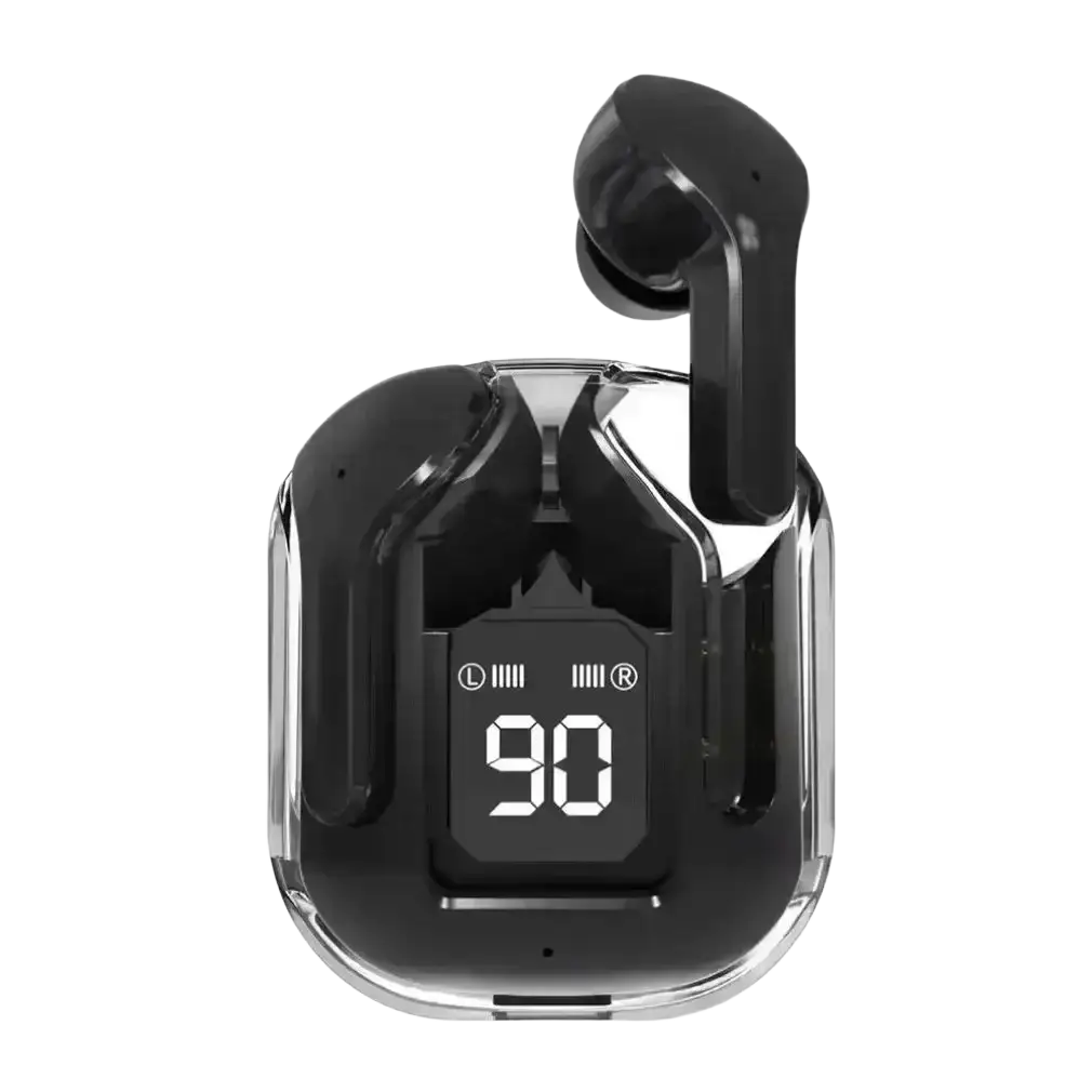 Black wireless earbuds with bluetooth chip and sleek charging case featuring digital battery level display