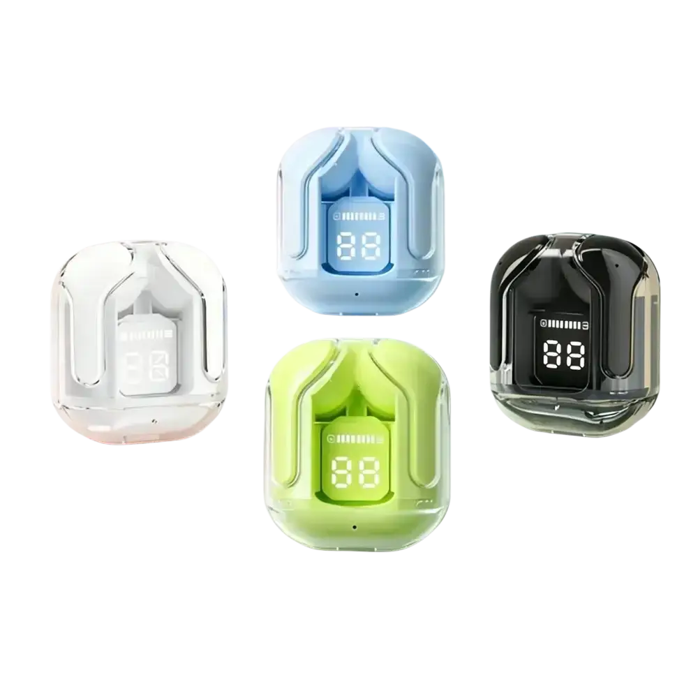 Wireless earbuds with bluetooth chip and charging case shown alongside colorful sleek digital thermometers in various colors