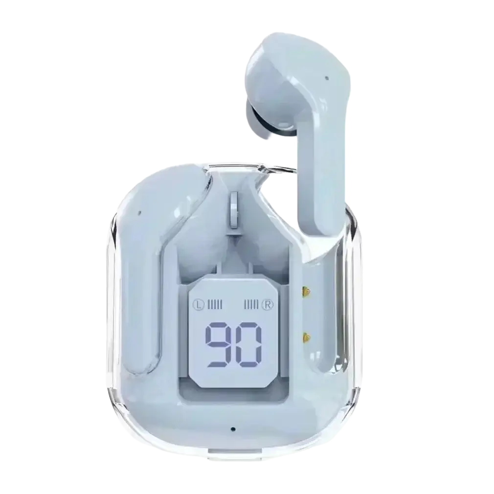 Light gray wireless earbuds with bluetooth chip and charging case displaying battery level on digital screen
