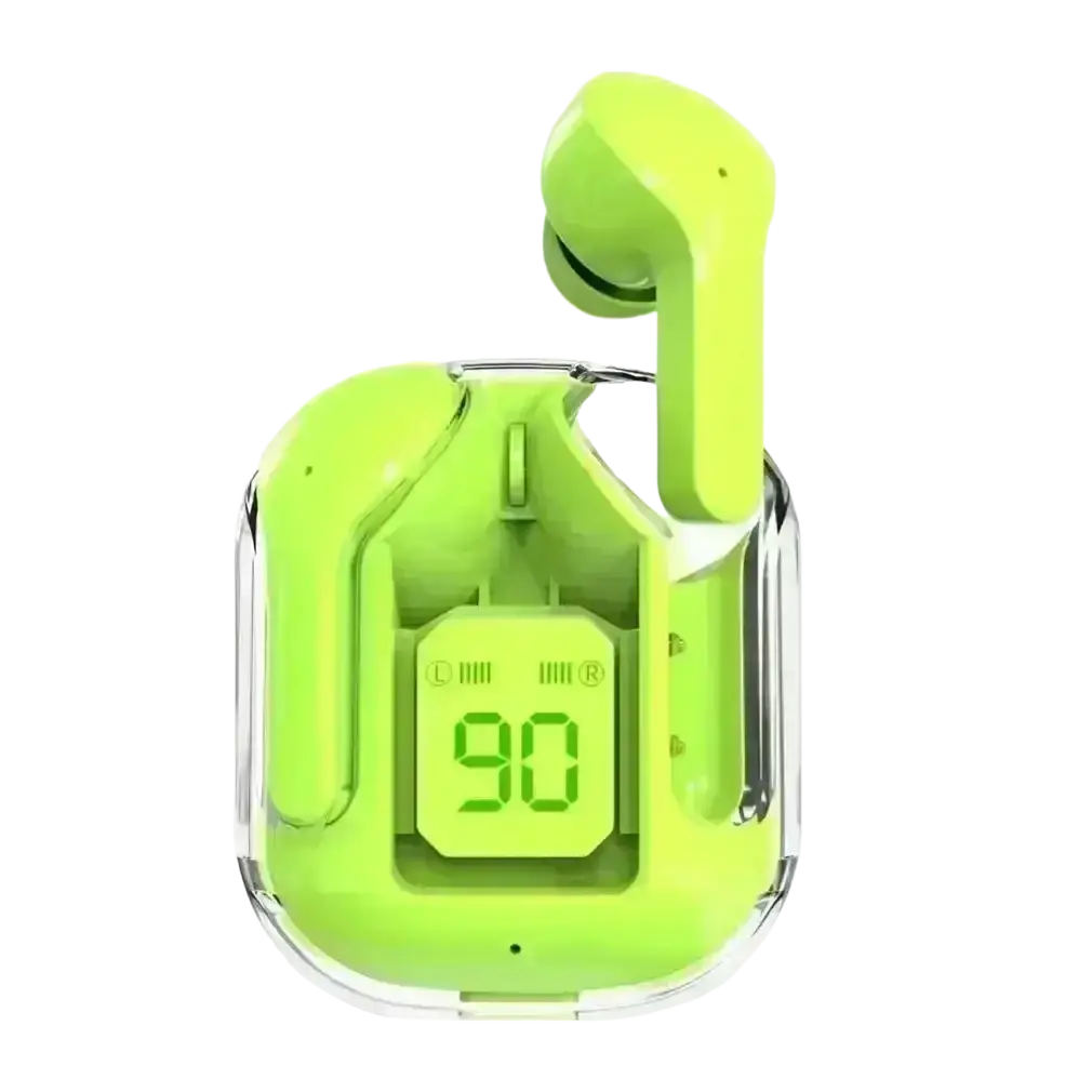 Lime green wireless earbuds with bluetooth chip and matching charging case featuring digital display showing 90 percent