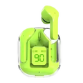 Lime green wireless earbuds with bluetooth chip and matching charging case featuring digital display showing 90 percent