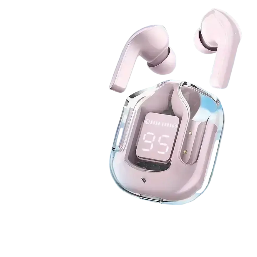 Pink wireless earbuds with bluetooth chip in transparent charging case displaying digital battery level 95 percent