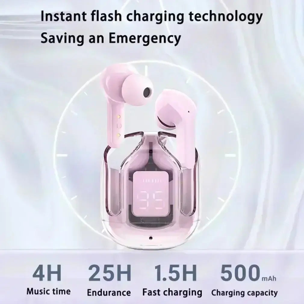 Pink wireless earbuds with bluetooth chip and sleek glossy finish nestled in a transparent charging case