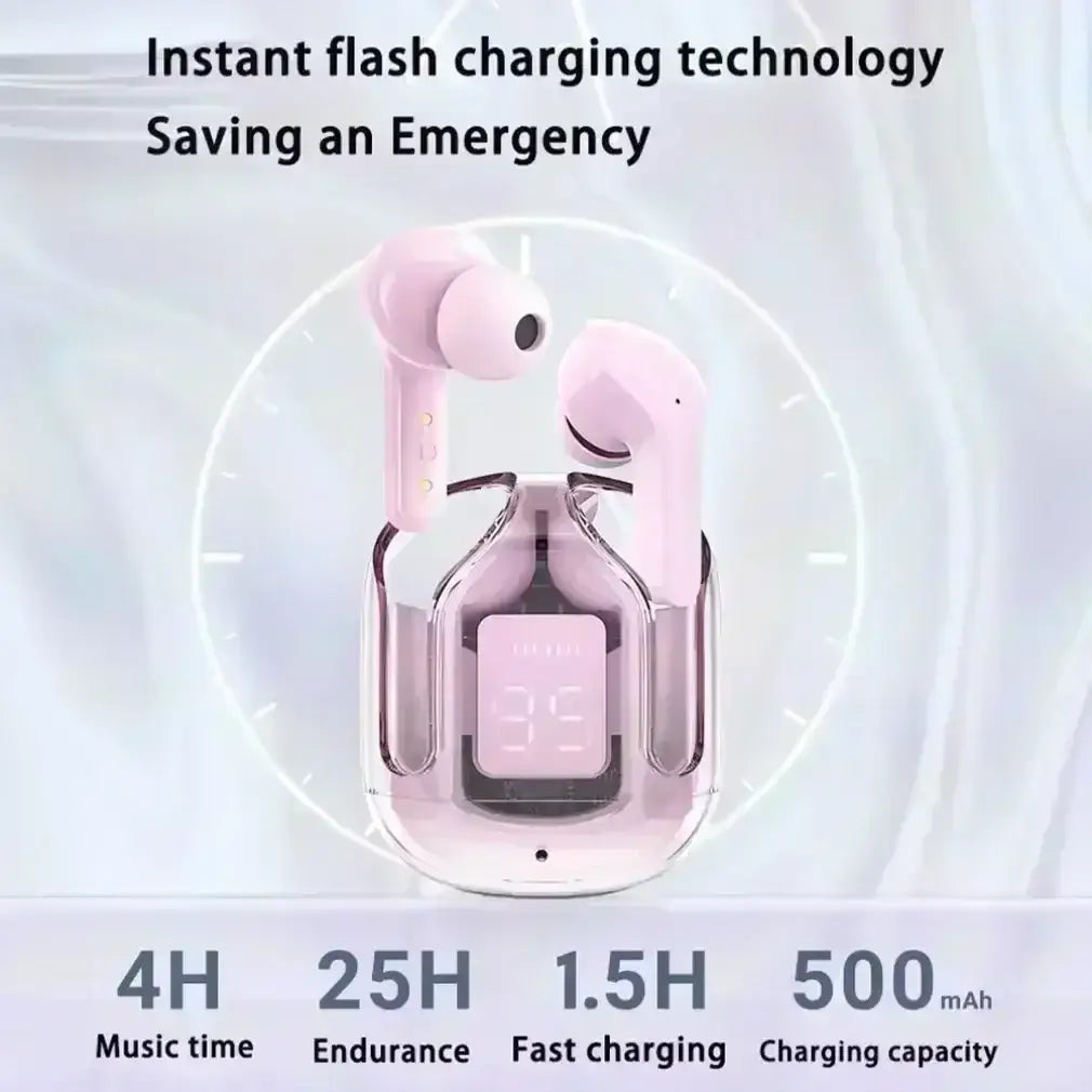 Pink wireless earbuds with bluetooth chip in a sleek charging case with glossy finish and illuminated digital display