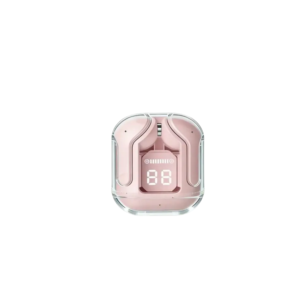 Pink wireless earbuds charging case with transparent lid and bluetooth chip digital battery level display