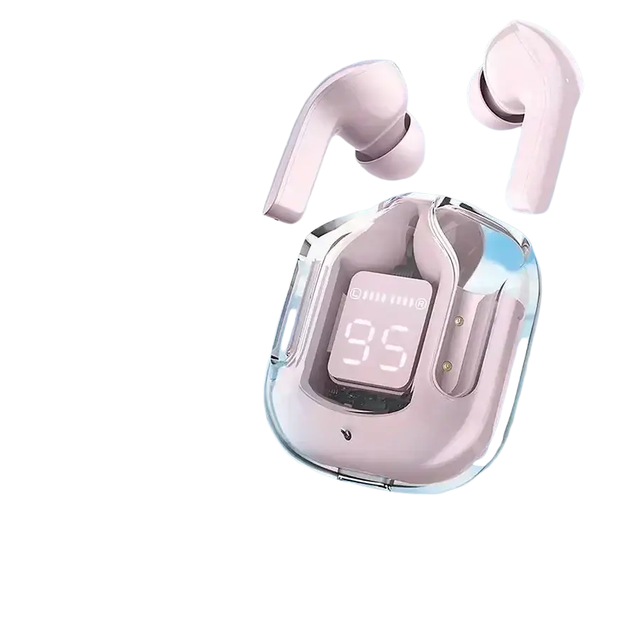 Pink tws t2 wireless earbuds with bluetooth chip inside a transparent charging case displaying 95 battery level