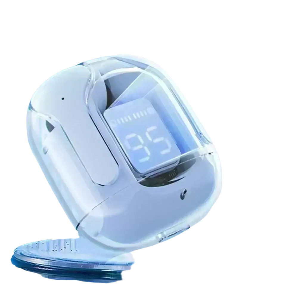 A sleek transparent white pulse oximeter with digital display shown alongside wireless earbuds with bluetooth chip and charging case