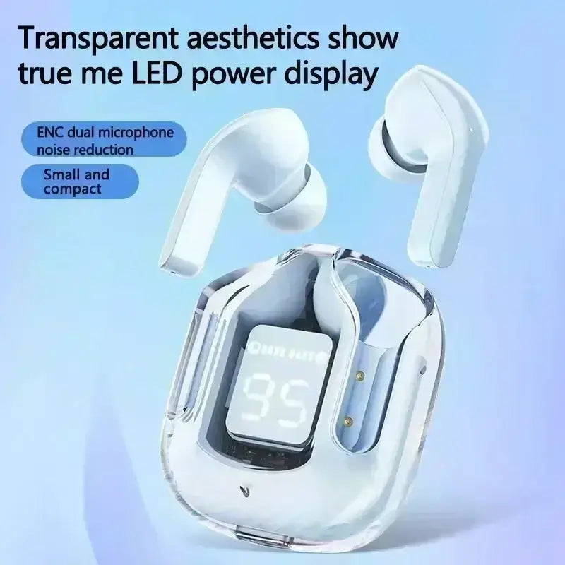 Transparent white wireless earbuds with bluetooth chip in a clear charging case featuring led power display