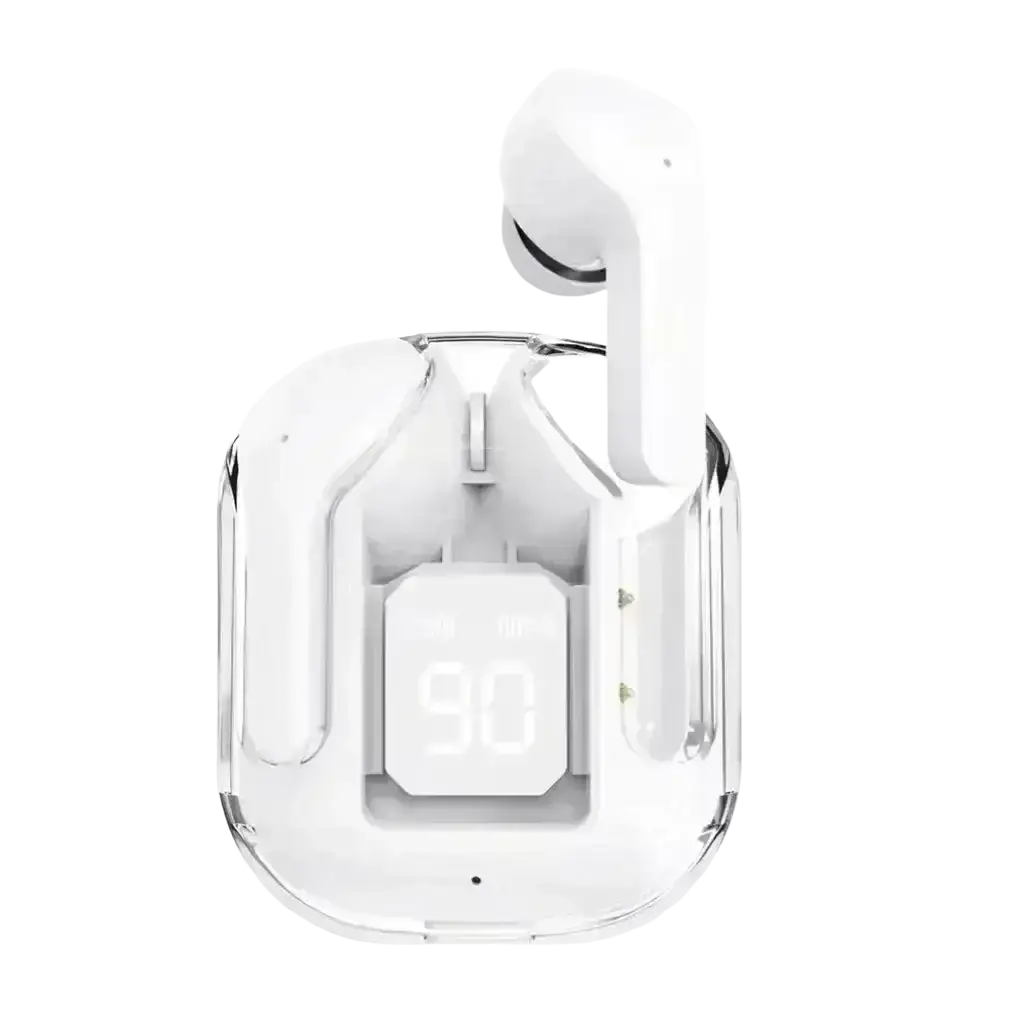 White wireless earbuds with bluetooth chip nestled in a transparent charging case displaying battery level digitally