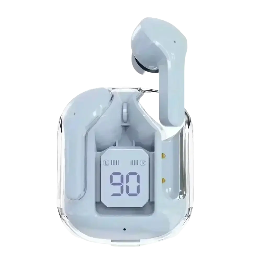 White wireless earbuds with bluetooth chip in a matching charging case displaying battery level on digital screen