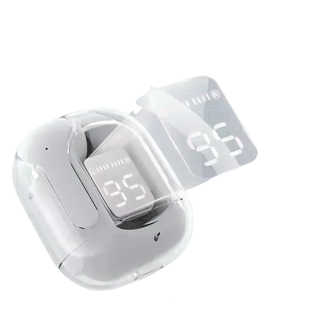 White wireless earbuds with bluetooth chip in a clear charging case featuring a digital battery level display
