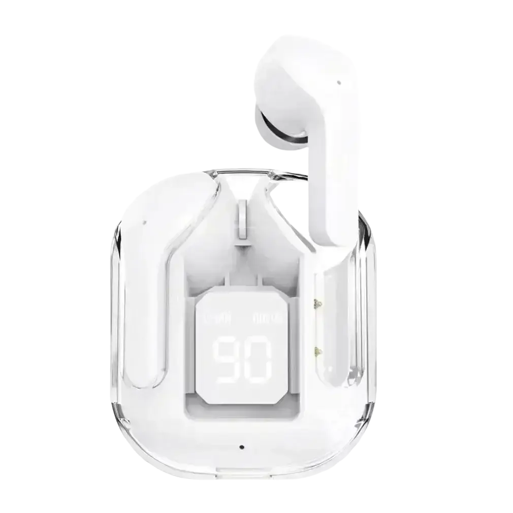 White wireless earbuds with bluetooth chip nestled in a transparent charging case showing battery level display