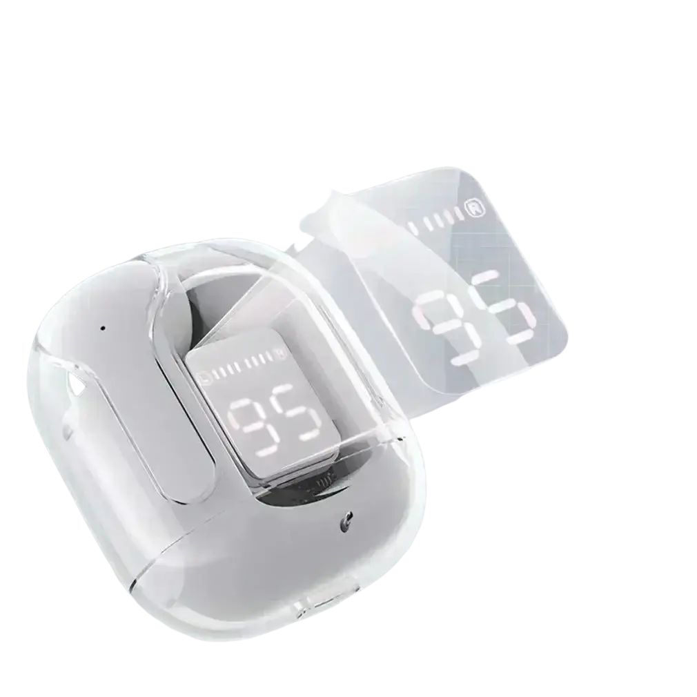 White wireless earbuds with bluetooth chip in a transparent charging case featuring an led battery level display