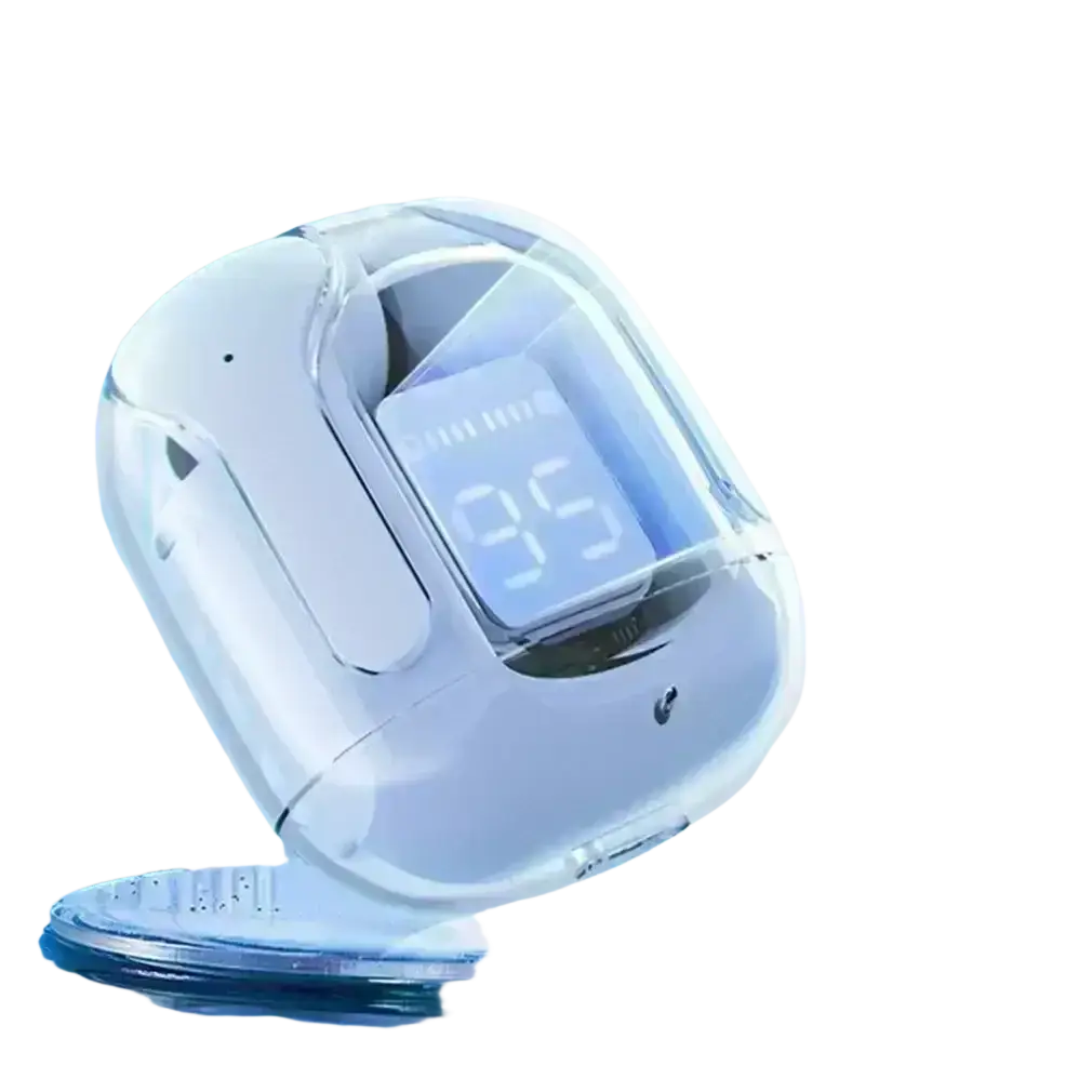 White digital pulse oximeter with transparent case and blue display showing 95 alongside wireless earbuds with charging case and bluetooth chip