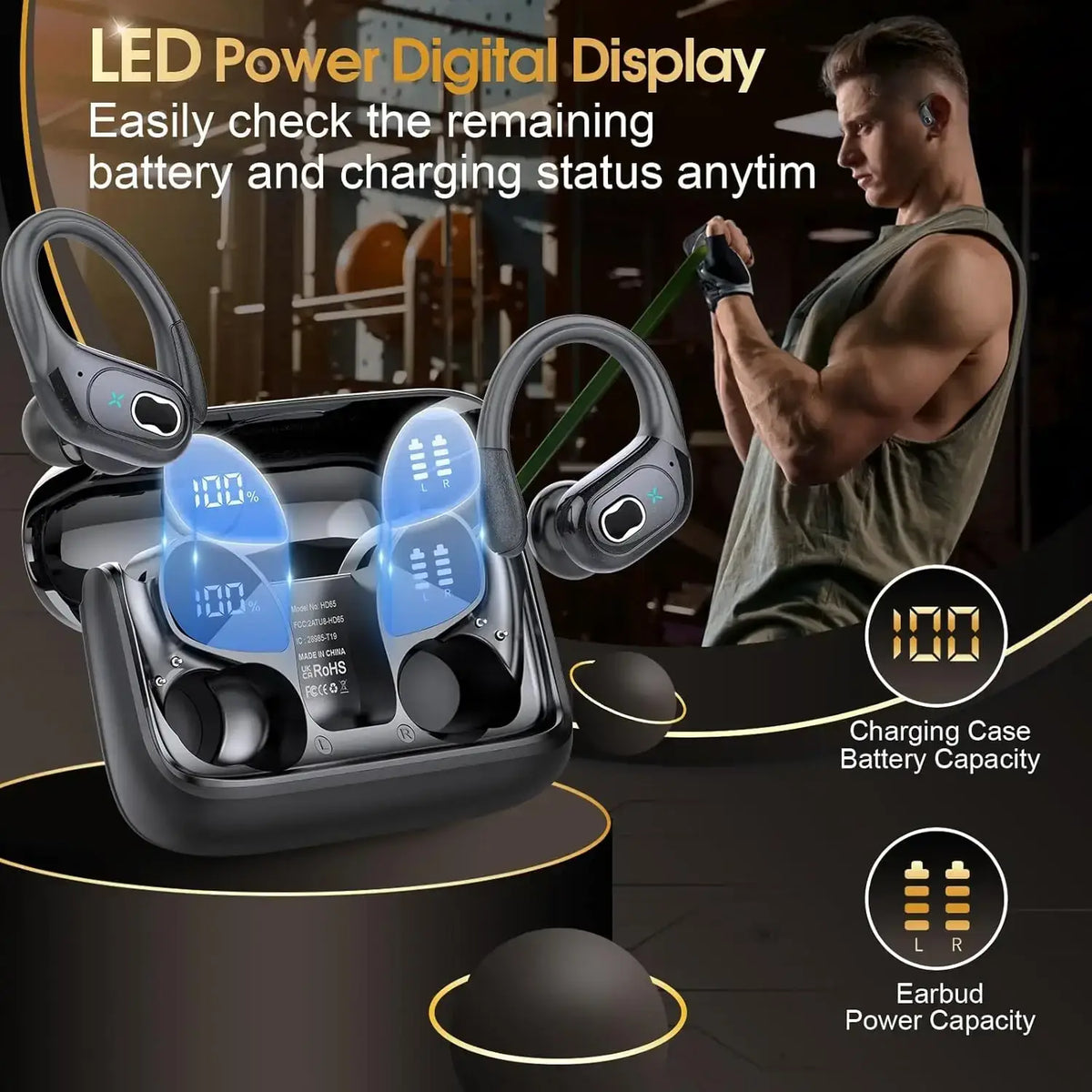 Black wireless earbuds with ergonomic earhooks and led power digital display on the charging case for wireless charging