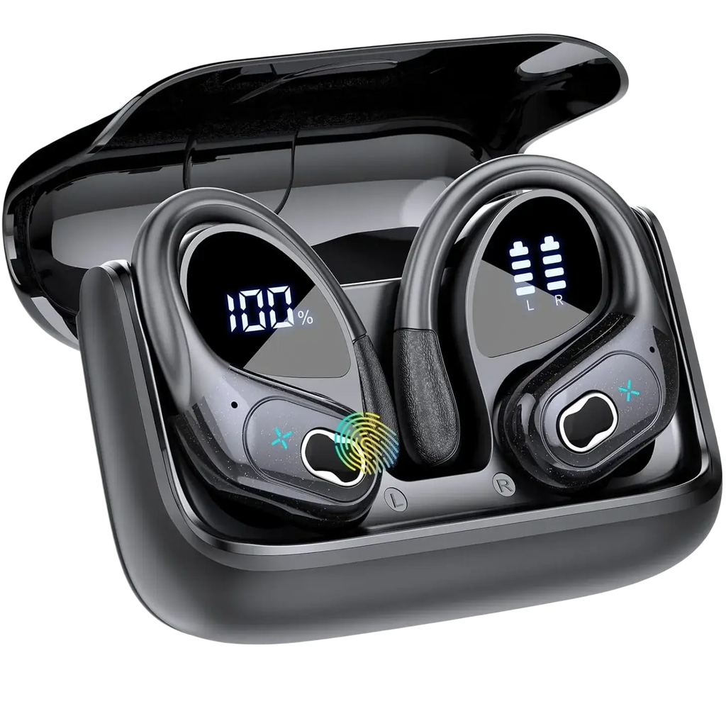 Black wireless earbuds with earhooks and digital battery displays in a sleek charging case charging for convenience