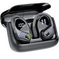 Black wireless earbuds with earhooks and digital battery displays in a sleek charging case charging for convenience