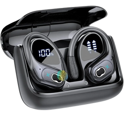 Black wireless earbuds with earhooks and digital battery displays in a sleek charging case charging for convenience