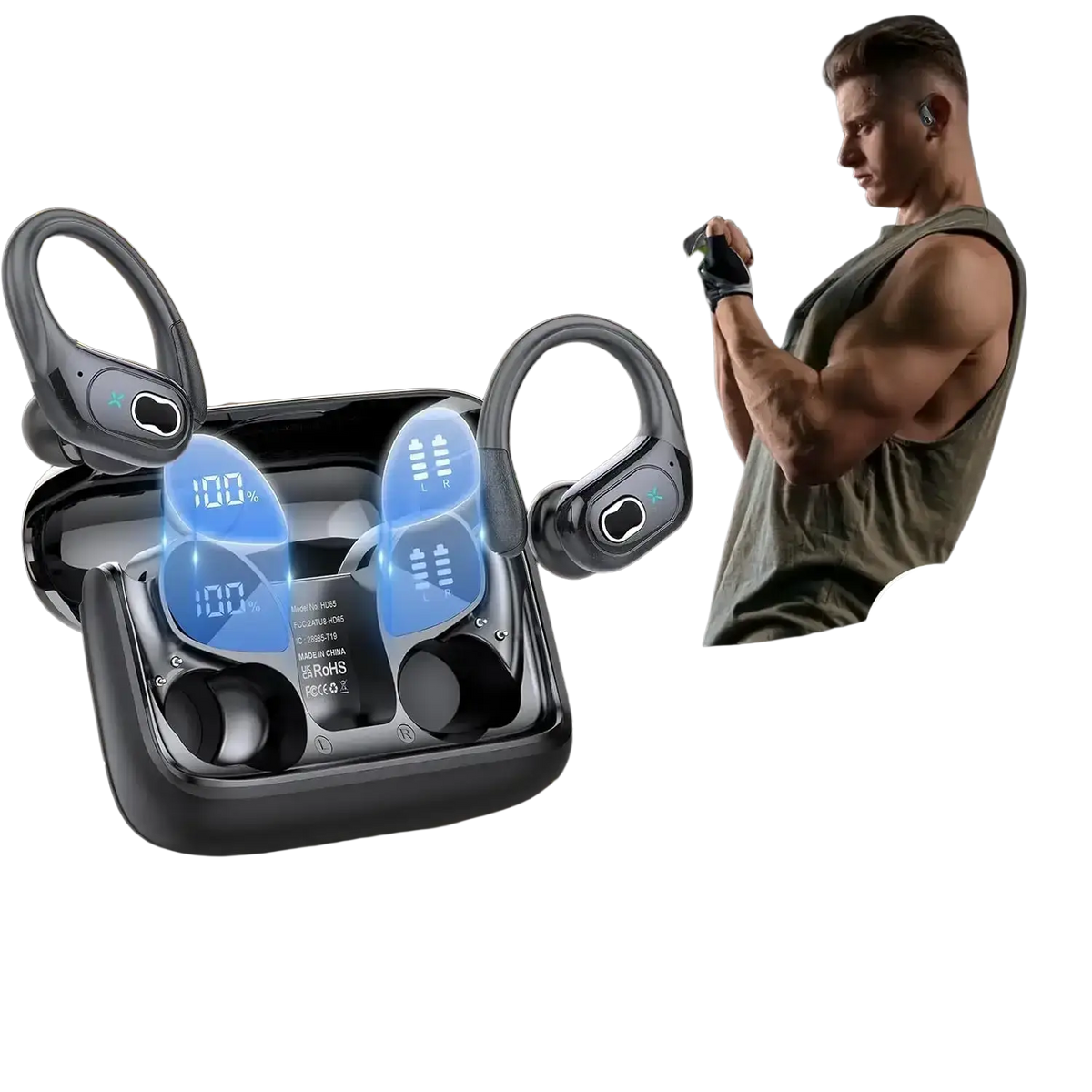 Black wireless earbuds with ergonomic earhooks and led power digital display on the charging case charging case charging