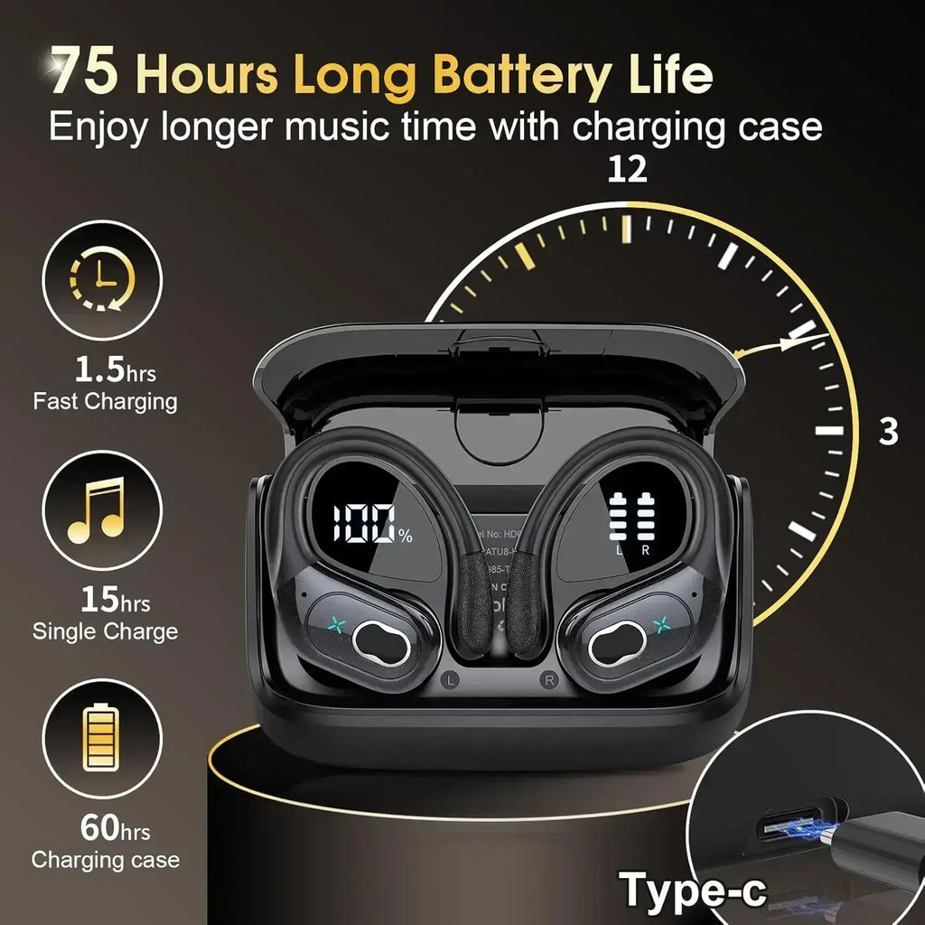 Black wireless earbuds with digital battery displays and earhooks shown with charging case charging feature