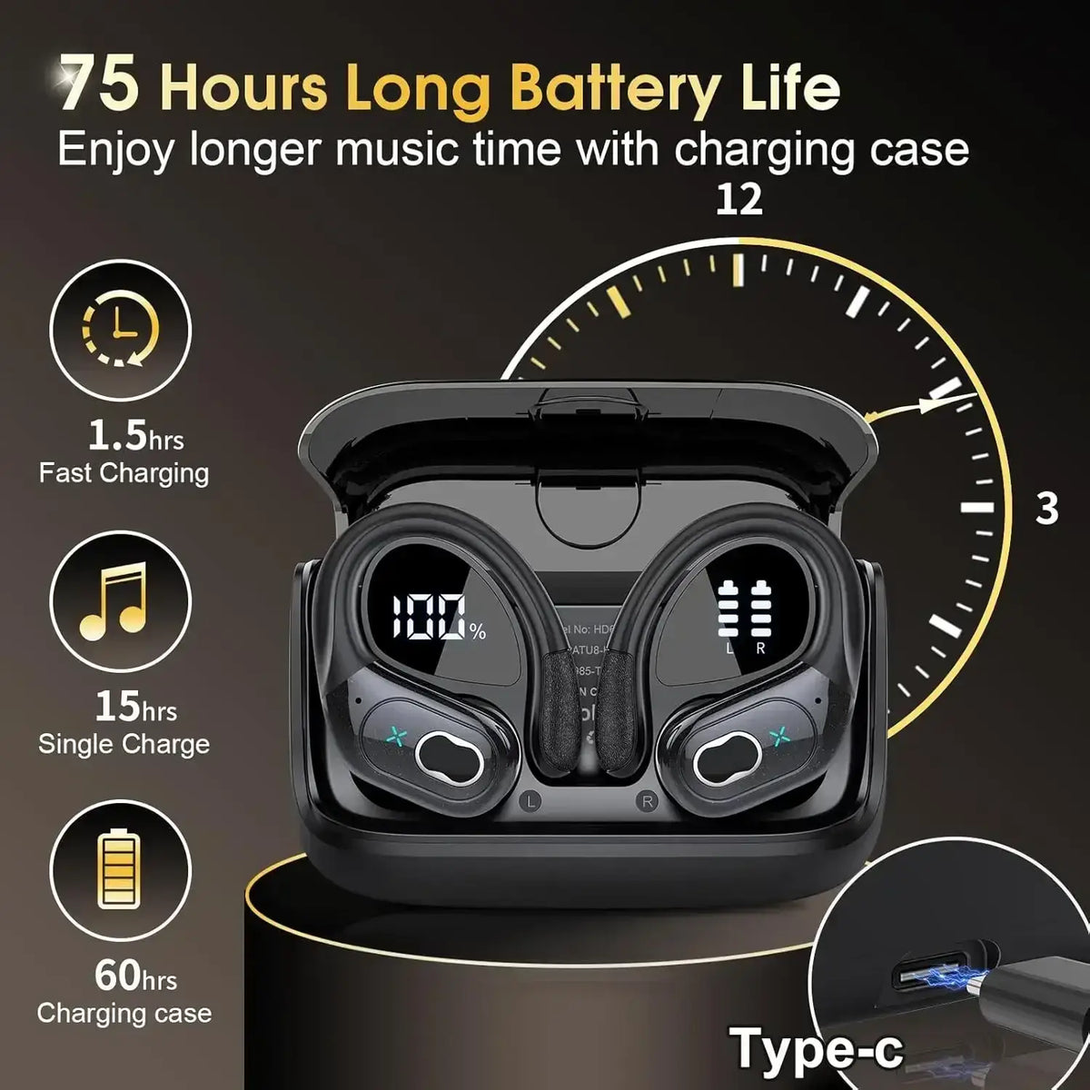 Black wireless earbuds with digital battery displays and earhooks shown with charging case charging feature