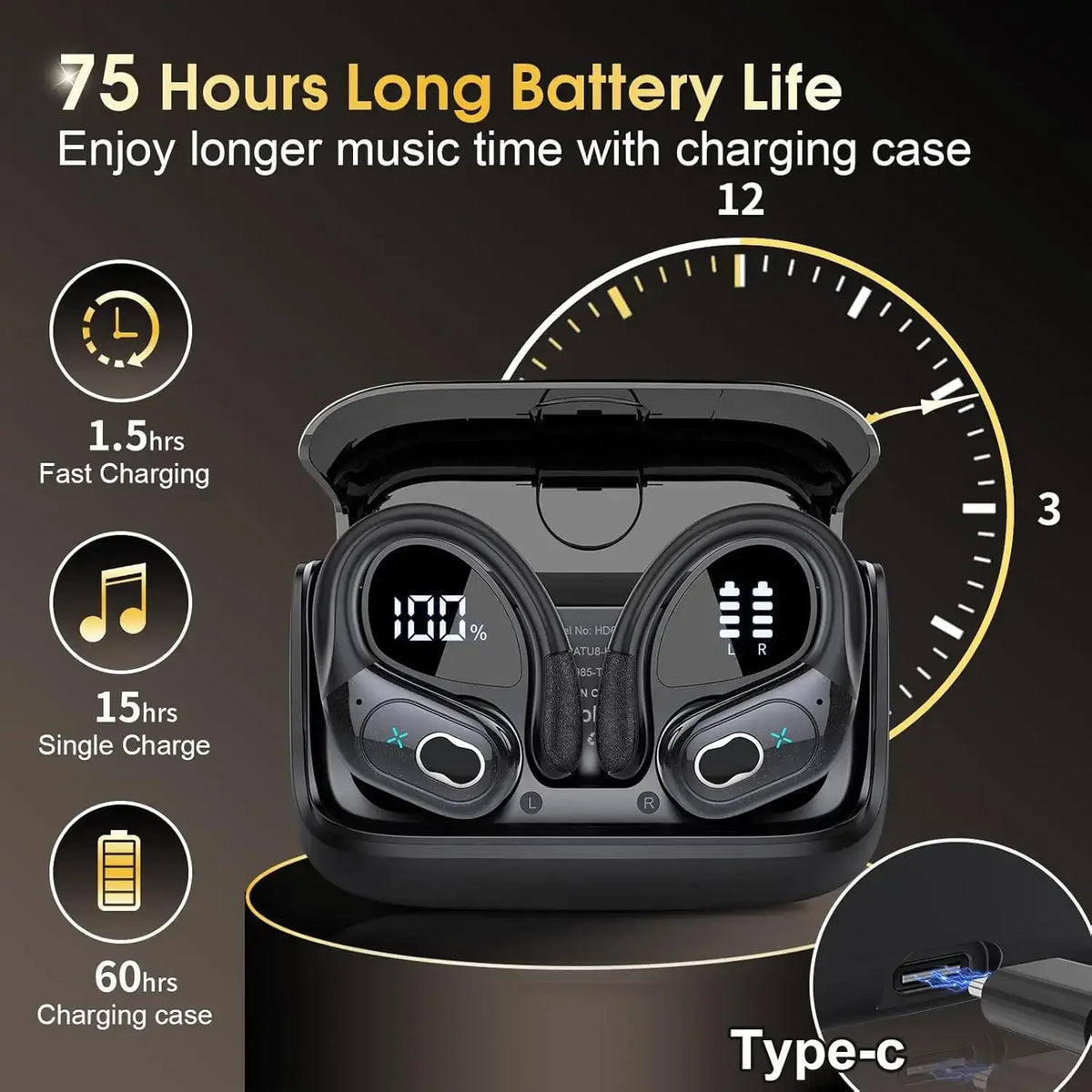Black wireless earbuds with glossy finish and battery display nestled in a matching charging case with earhooks
