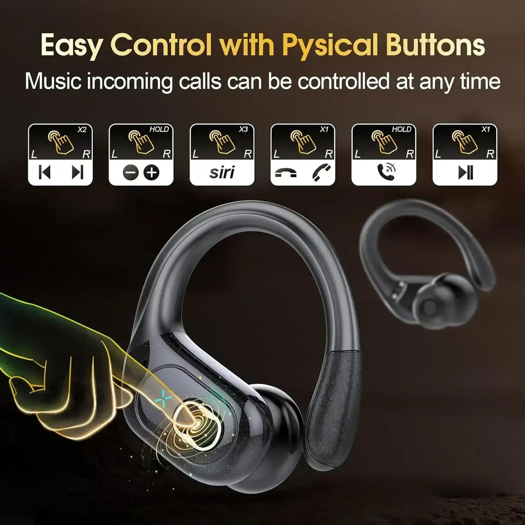 Black wireless earbuds with ergonomic design and physical buttons with charging case for secure wireless use