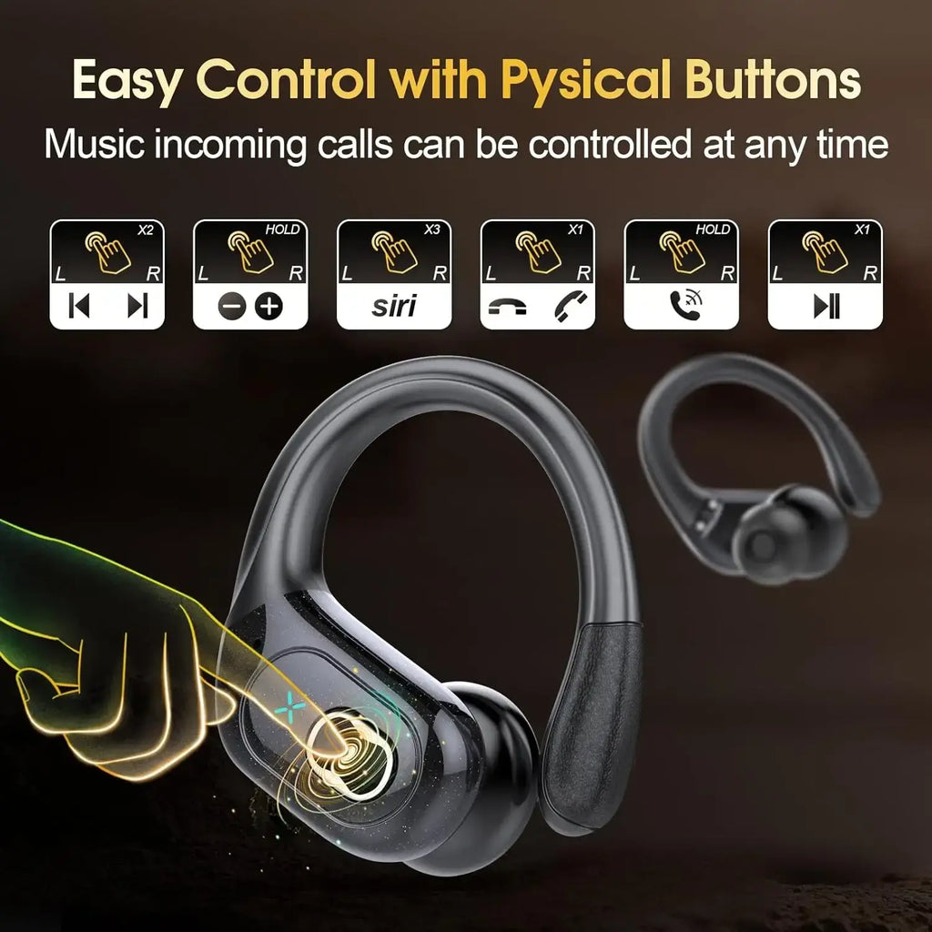 Black wireless earbuds with ergonomic design and physical buttons shown with charging case for easy control and charging