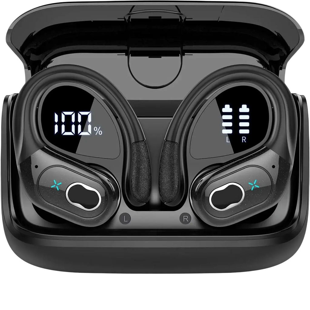 Black wireless earbuds with digital battery displays nestled in a matching charging case with earhooks for secure fit