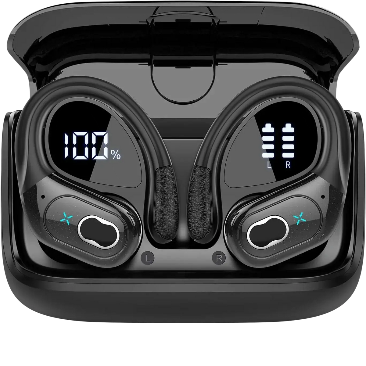 Black wireless earbuds with digital battery displays nestled in a matching charging case with earhooks for secure fit