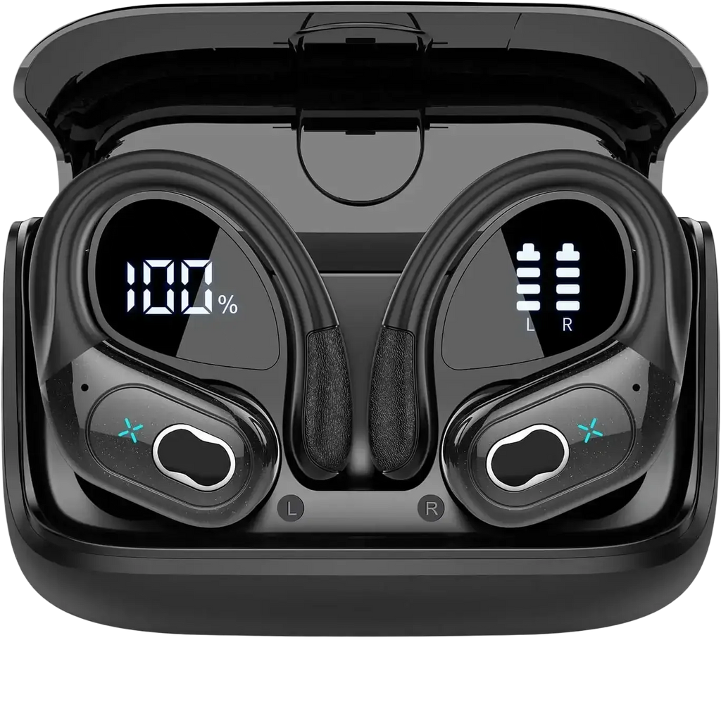 Black wireless earbuds with earhooks and digital battery displays nestled in matching charging case charging case charging