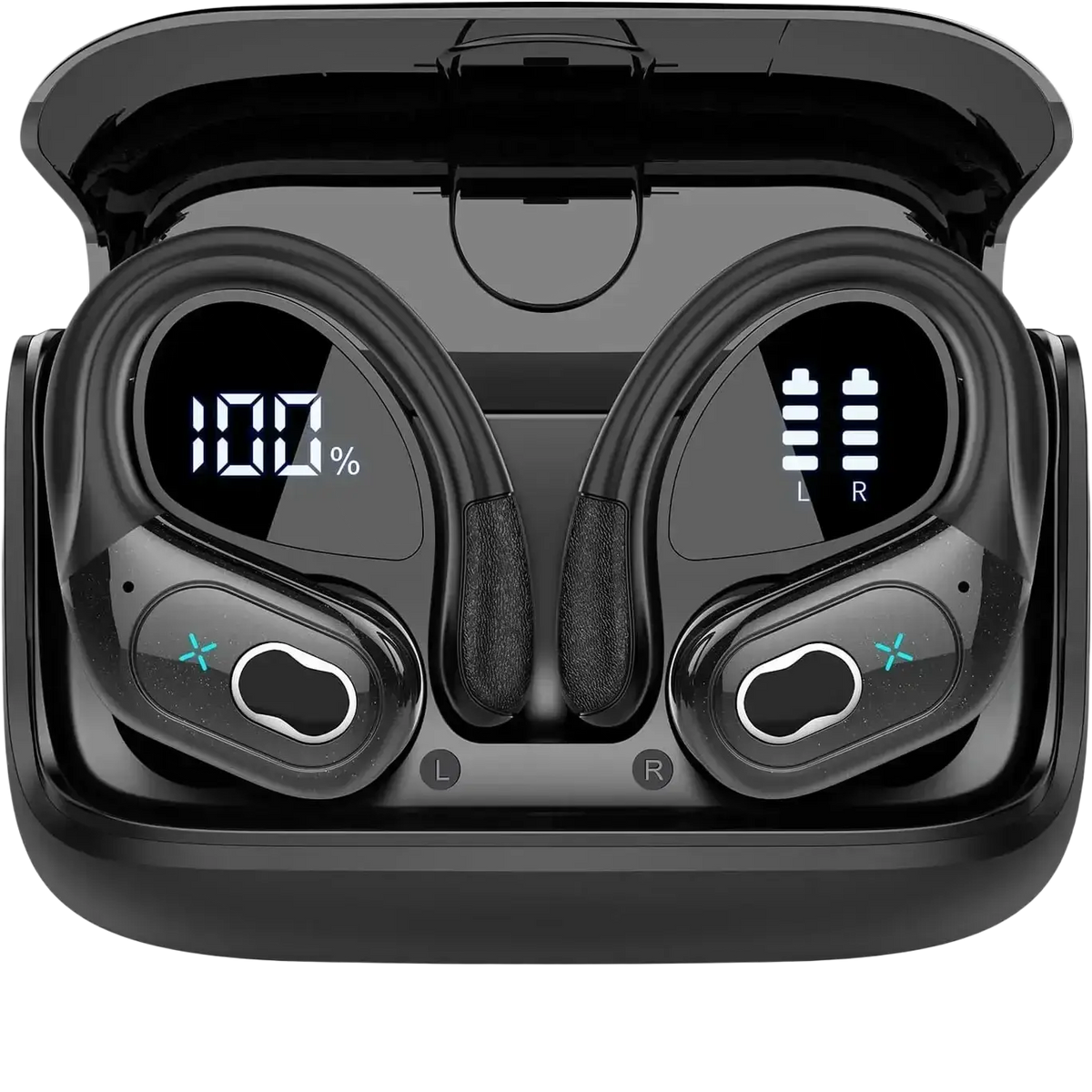 Black wireless earbuds with earhooks and digital battery displays nestled in matching charging case charging case charging