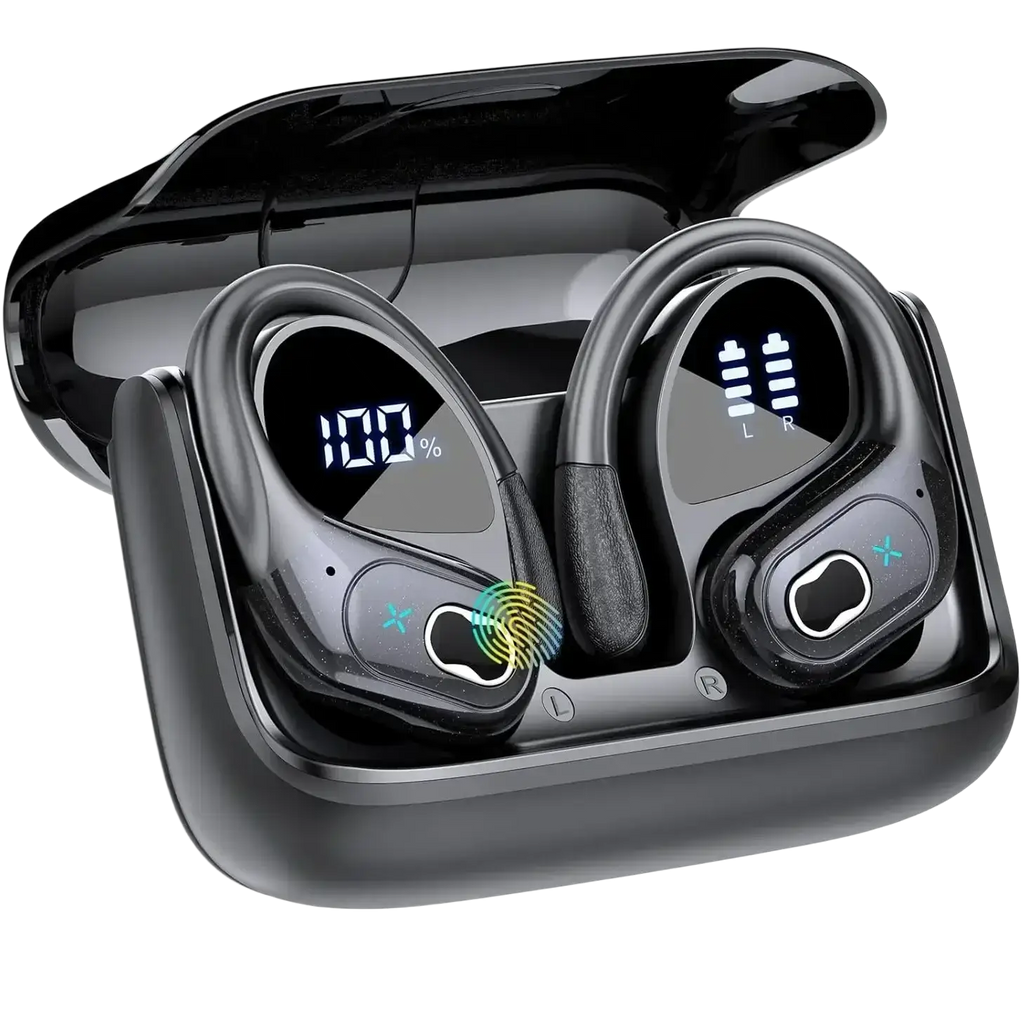 Black wireless earbuds with earhooks and digital battery displays nestled in a sleek matching charging case charging