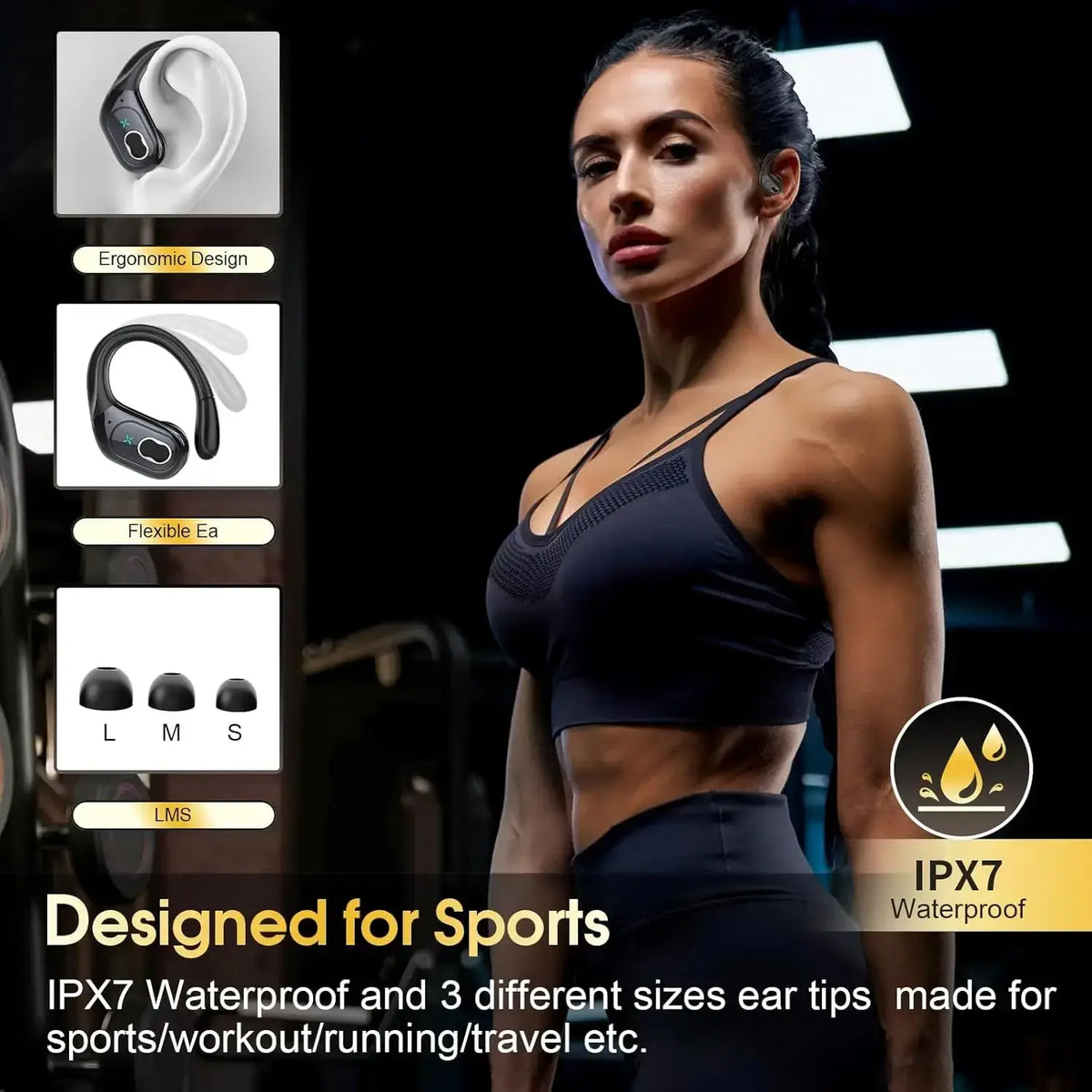 Black wireless earbuds with charging case and earhooks featuring ergonomic flexible design and ipx7 waterproof rating