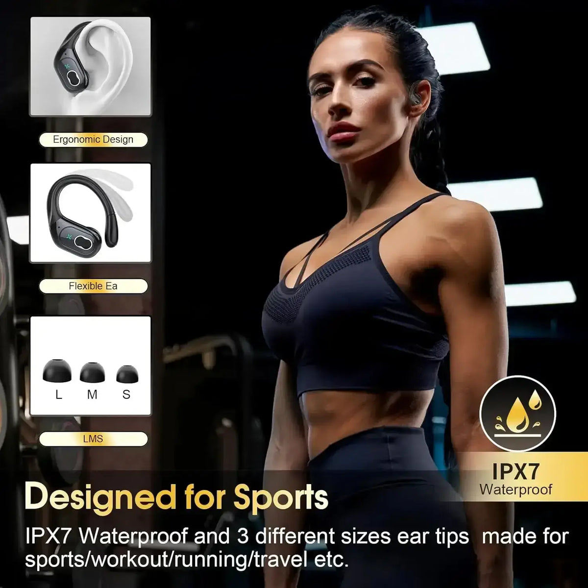 Black wireless earbuds with ergonomic flexible earhooks and lms-sized silicone tips with charging case charging