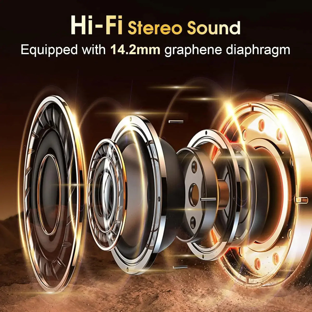 Wireless earbuds with charging case featuring hi-fi 14.2mm graphene diaphragm speakers with metallic black and gold accents
