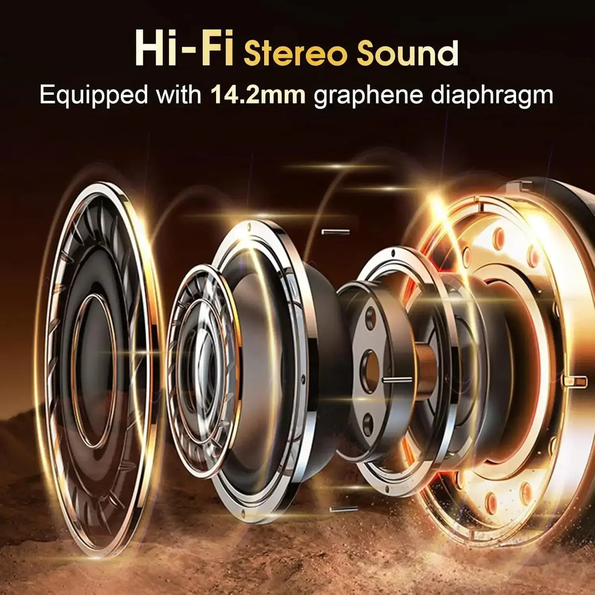 Wireless earbuds with charging case and earhooks featuring hi-fi stereo speakers with metallic finish and graphene diaphragms