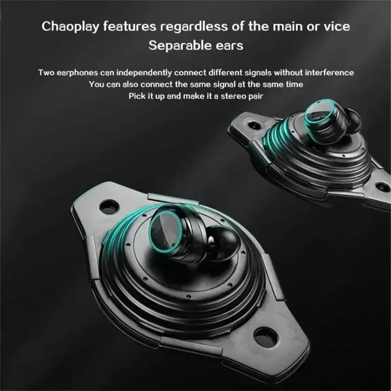 Black chaoplay wireless earbuds with teal accent lighting feature fingerprint touch and come with a charging case hatch cover