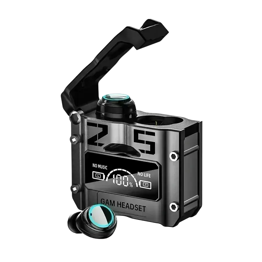 Black wireless earbuds charging case with hatch cover, fingerprint touch, digital display showing 100% battery and no music message