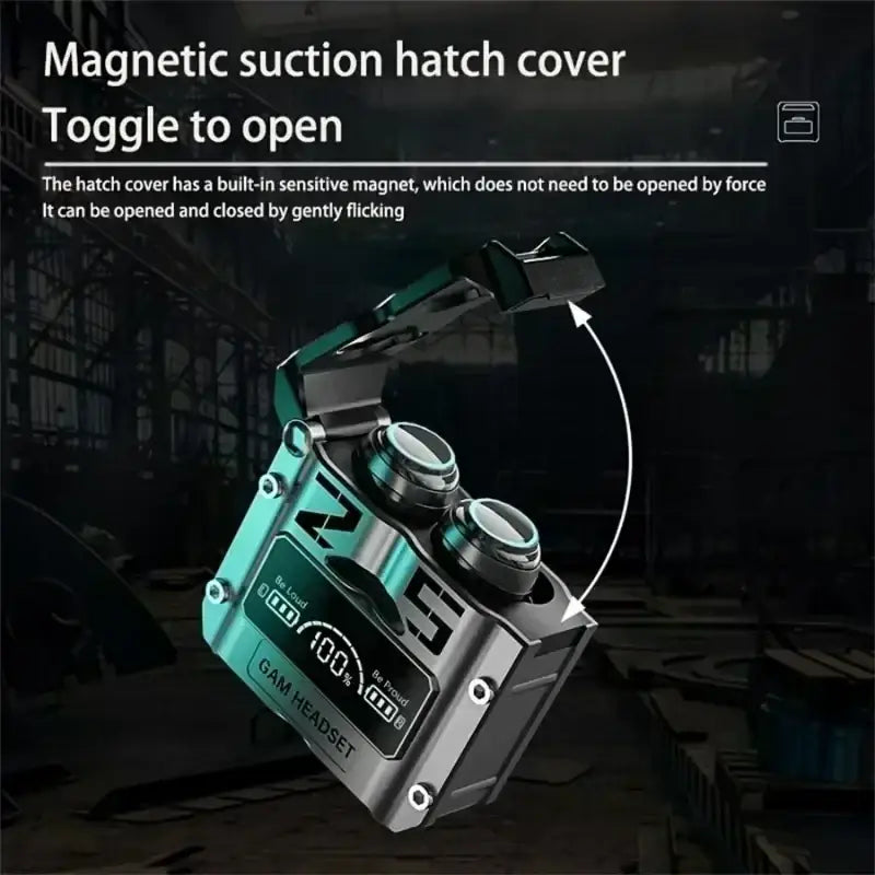 Black and teal metallic wireless earbuds hatch cover with built-in magnets for charging case and fingerprint touch use