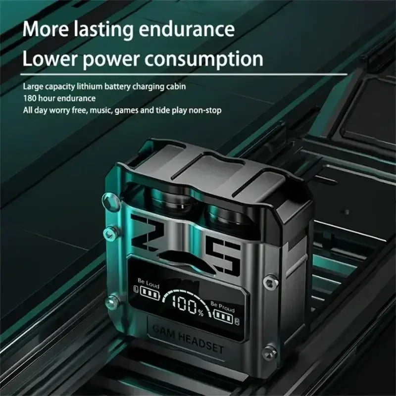 Black and teal metallic wireless earbuds charging case with hatch cover and fingerprint touch showing 100 percent battery